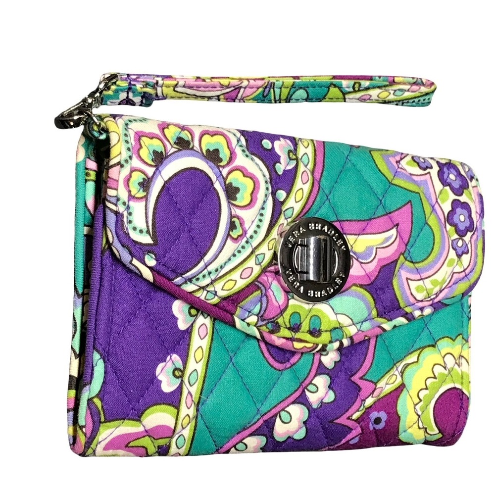 Vera Bradley Plum‎ Crazy Quilted Cotton Turn Lock Wristlet Wallet Purple Teal